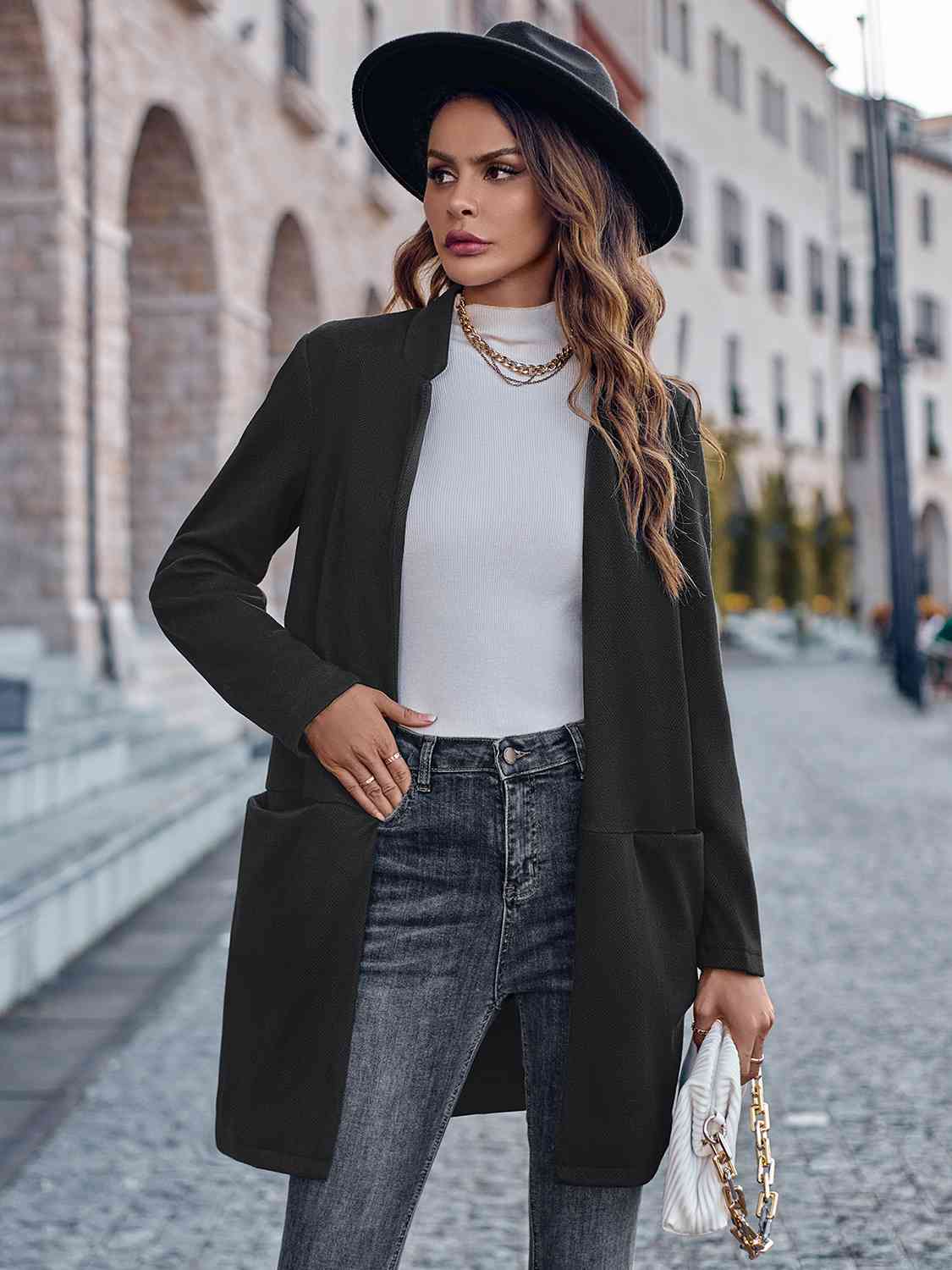 Open Front Long Sleeve Blazer - Ladyez