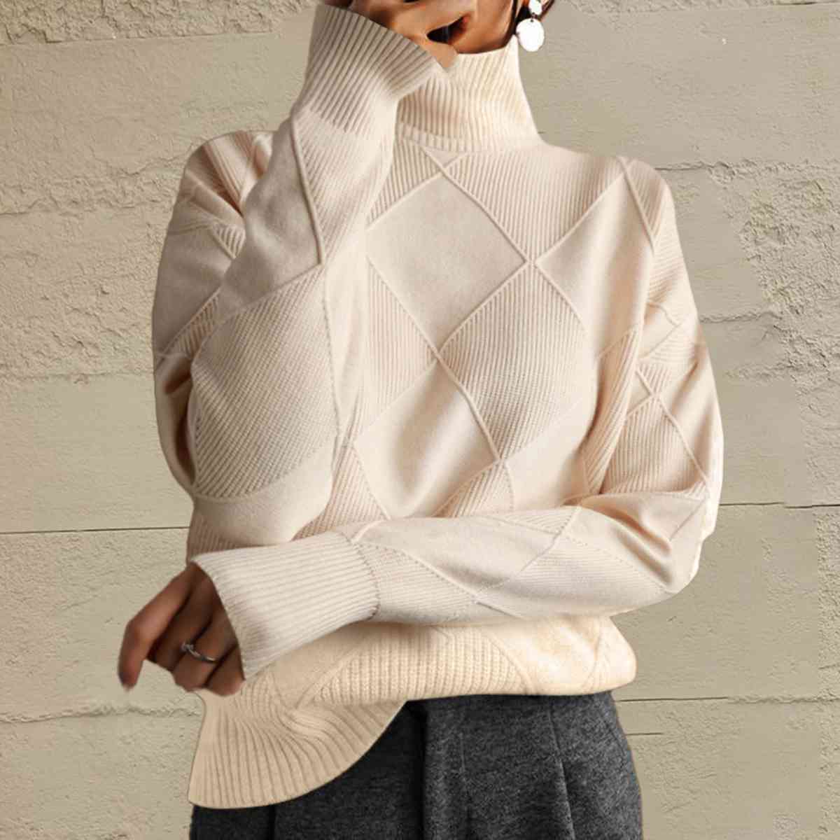 Geometric Turtleneck Long Sleeve Sweater - Ladyez