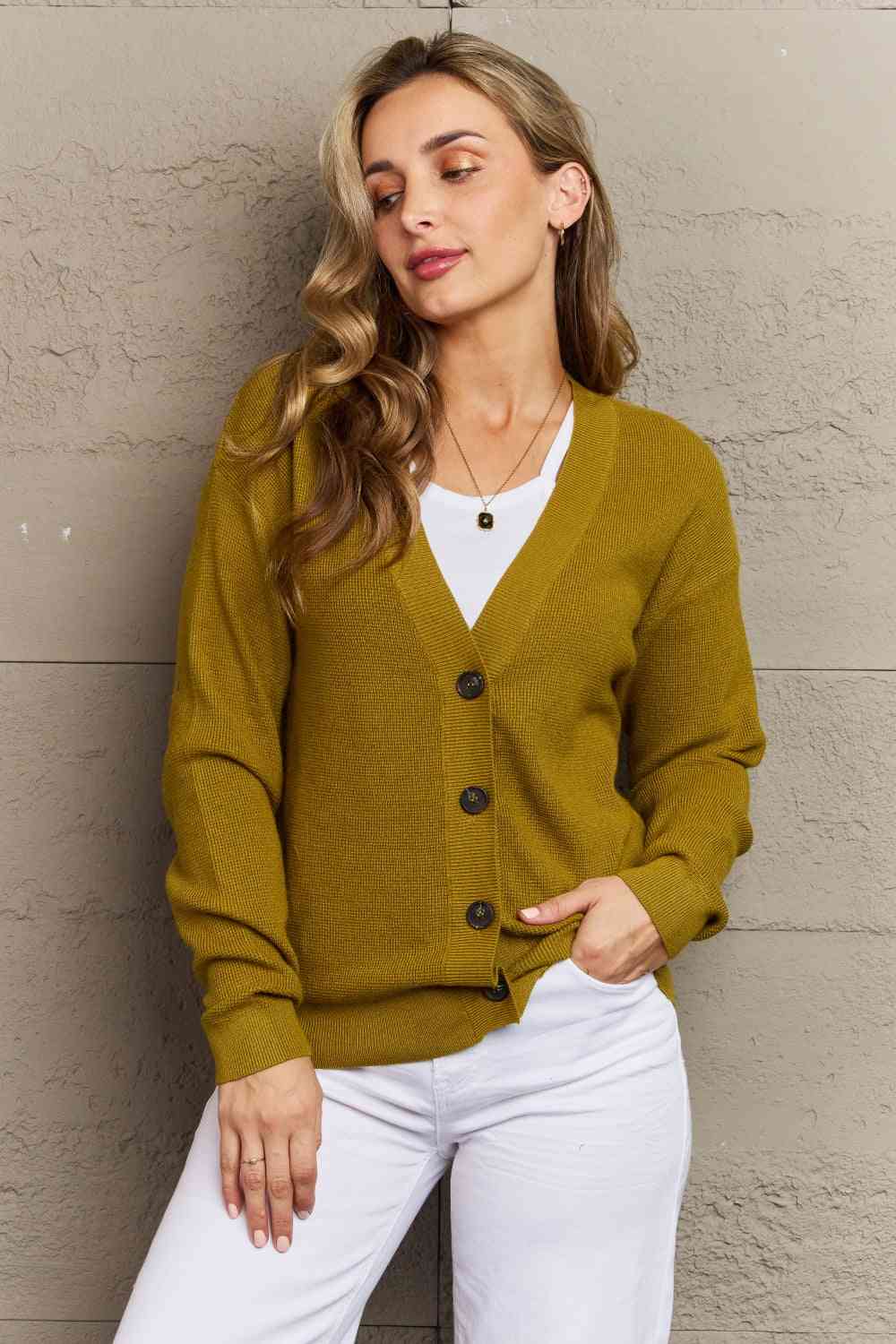 Zenana Kiss Me Tonight Full Size Button Down Cardigan in Chartreuse - Ladyez