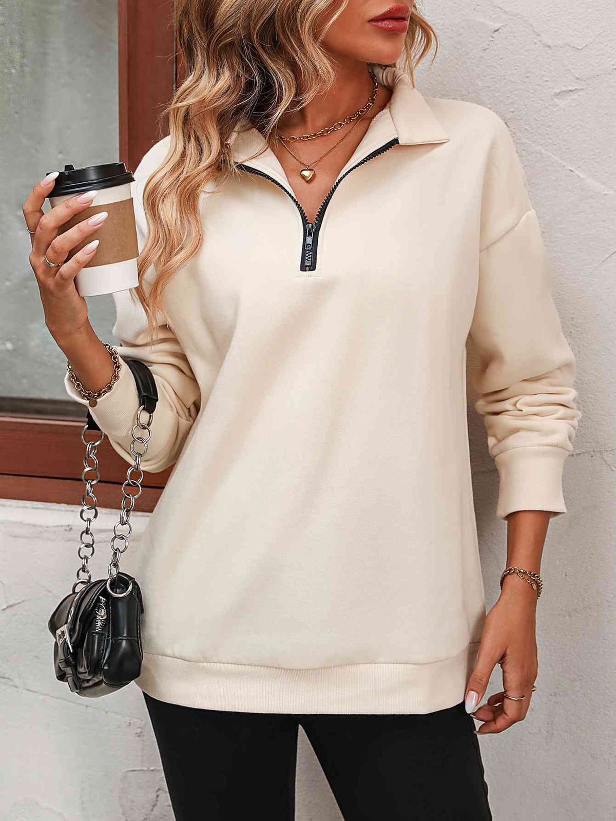 Zip-Up Dropped Shoulder Sweatshirt - Ladyez