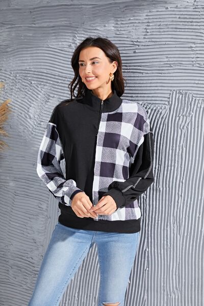 Plaid Exposed Seam Long Sleeve Blouse - Ladyez