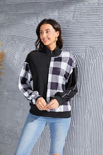 Plaid Exposed Seam Long Sleeve Blouse - Ladyez