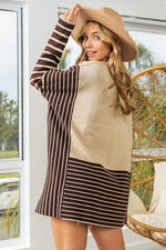 BiBi Striped Contrast Long Sleeve Slit Top - Ladyez