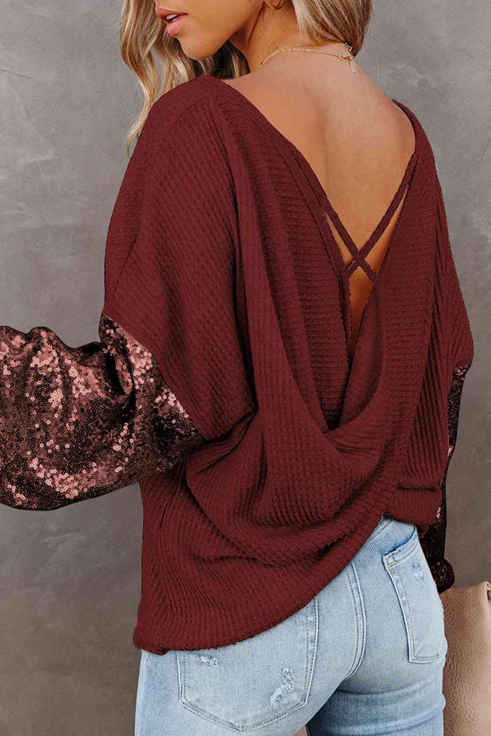 Sequin Waffle-Knit Blouse - Ladyez
