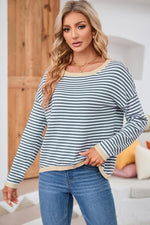 Striped Round Neck Drop Shoulder T-Shirt - Ladyez