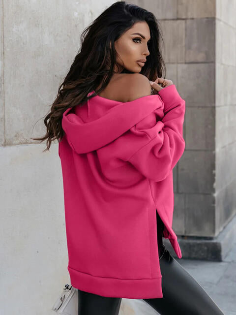 Zip-Up Slit Hoodie with Pockets - Ladyez