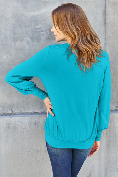 Basic Bae Full Size V-Neck Lantern Sleeve Blouse - Ladyez