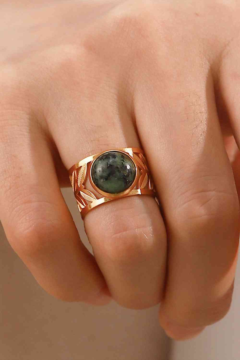 18k Gold Plated Malachite Leaf Ring - Ladyez