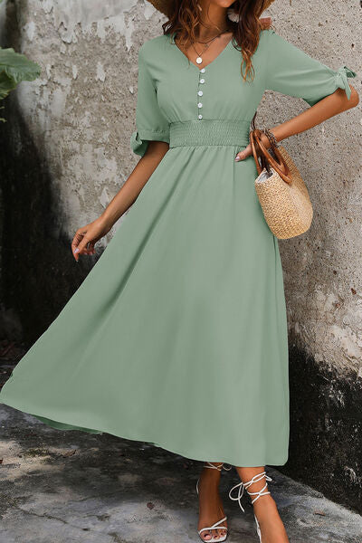 Smocked Quarter Button Short Sleeve Dress - Ladyez