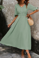 Smocked Quarter Button Short Sleeve Dress - Ladyez