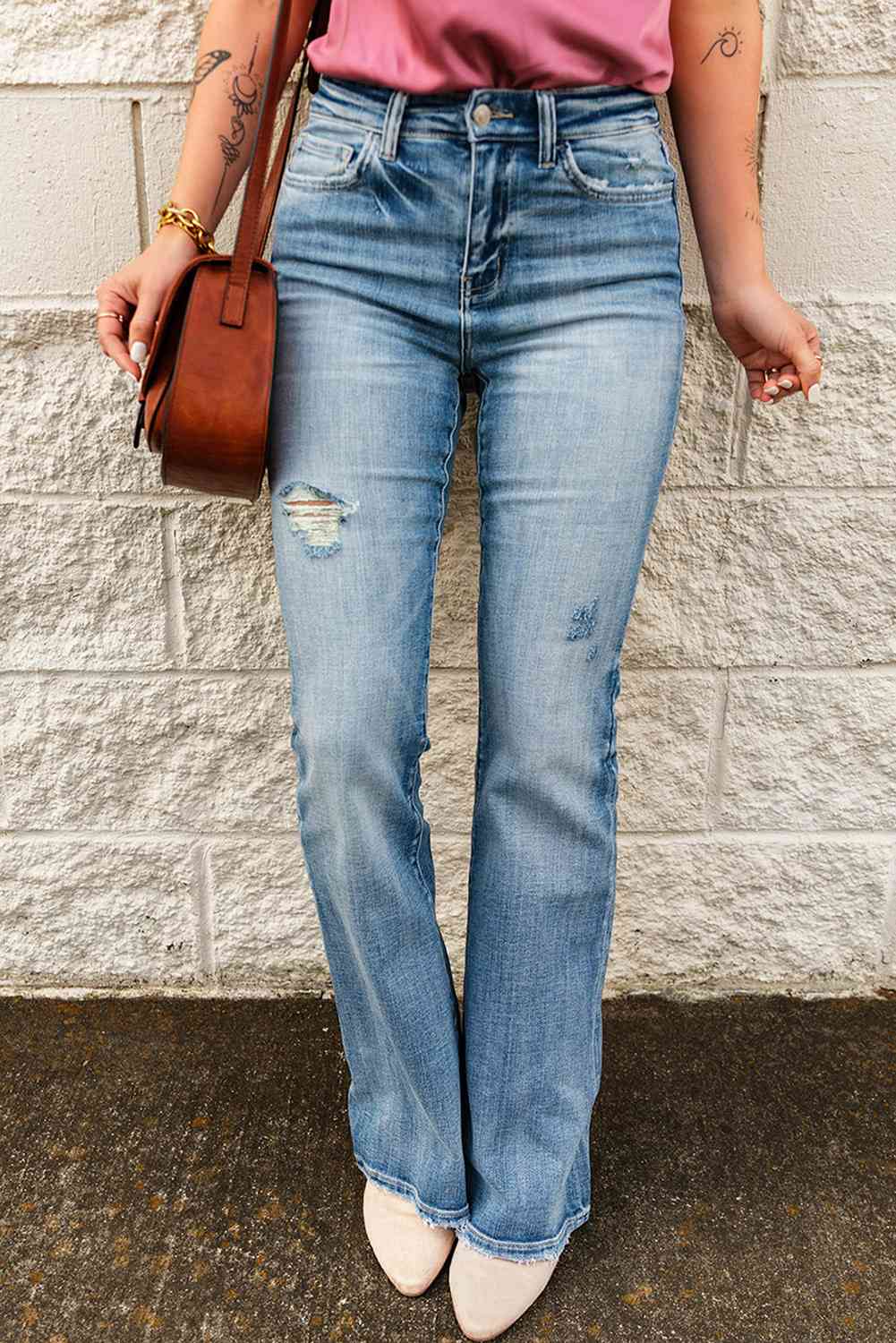 High-Rise Waist Distressed Flare Jeans - Ladyez