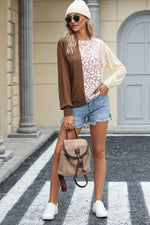 Leopard Round Neck Long Sleeve Blouse - Ladyez