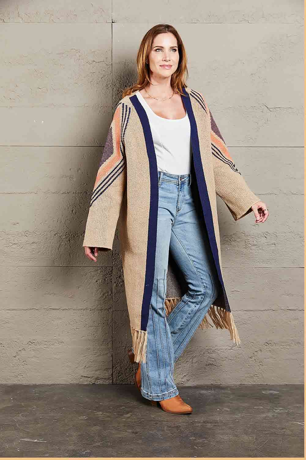 Double Take Geometric Fringe Hem Open Front Duster Cardigan - Ladyez