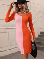 Woven Right Contrast Slit Sweater Dress - Ladyez