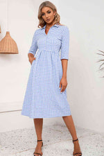 Plaid Collared Neck Midi Dress - Ladyez