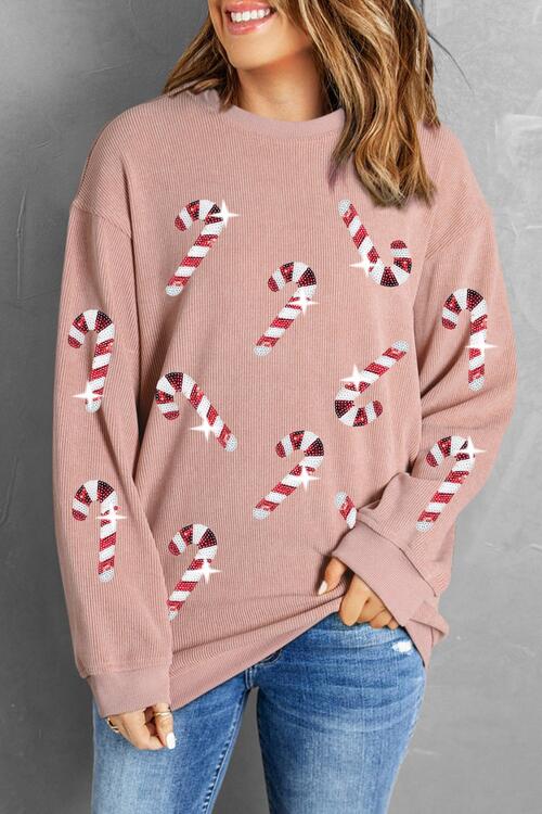 Sequin Candy Cane Round Neck Sweatshirt - Ladyez