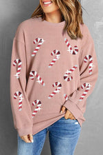 Sequin Candy Cane Round Neck Sweatshirt - Ladyez