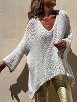 Contrast V-Neck Long Sleeve Sweater - Ladyez