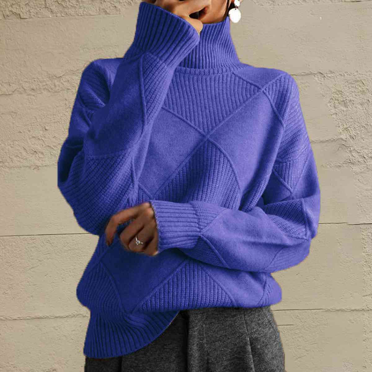 Geometric Turtleneck Long Sleeve Sweater - Ladyez