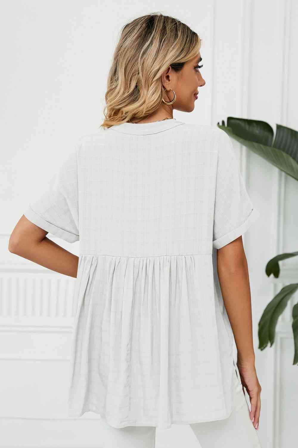 Side Slit Notched Neck Cuffed Short Sleeve Blouse - Ladyez