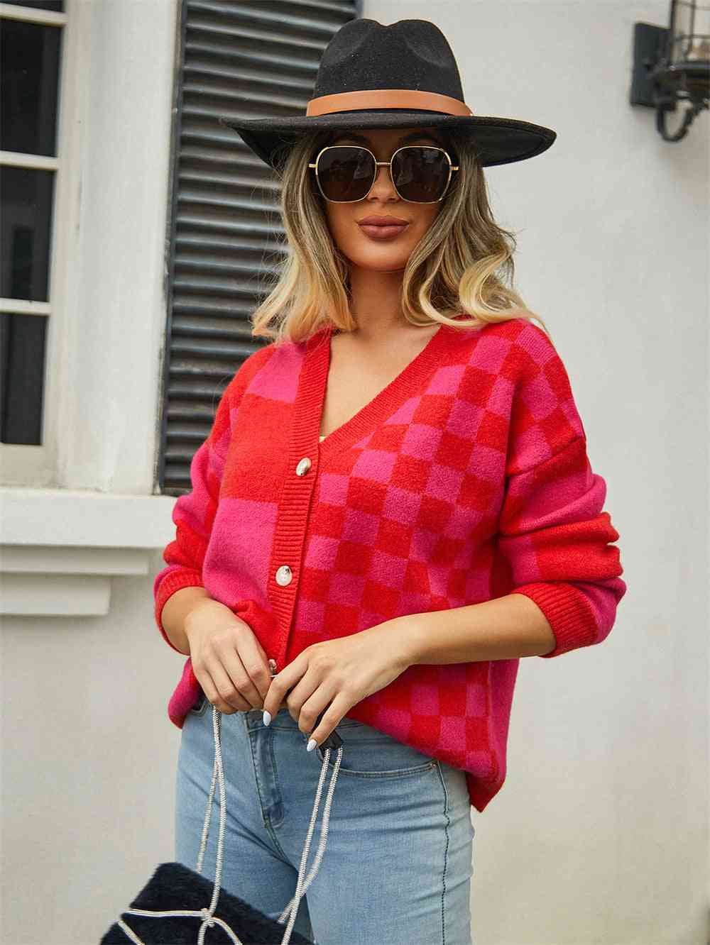 Plaid V-Neck Dropped Shoulder Cardigan - Ladyez