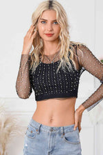 Pearl Long Sleeve Mesh Cropped Top - Ladyez