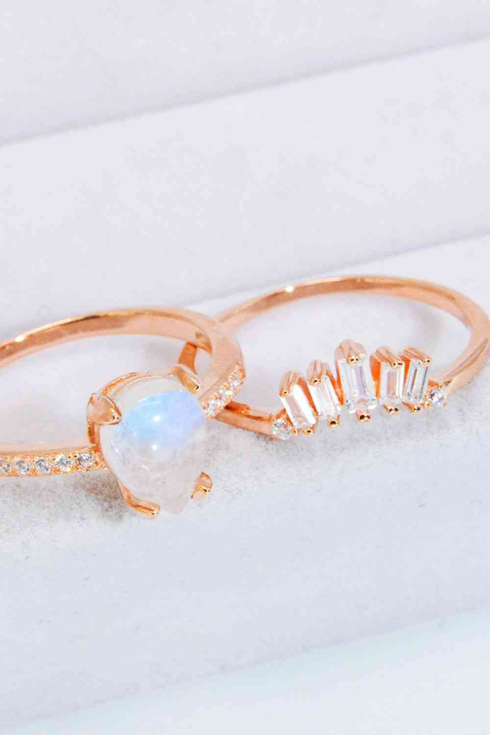 Natural Moonstone and Zircon 18K Rose Gold-Plated Two-Piece Ring Set - Ladyez
