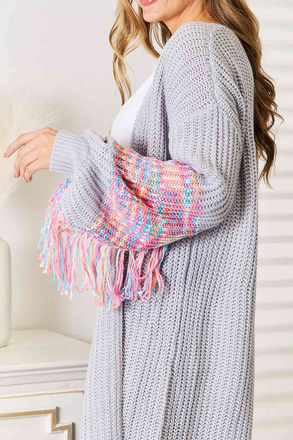 Woven Right Fringe Sleeve Dropped Shoulder Cardigan - Ladyez