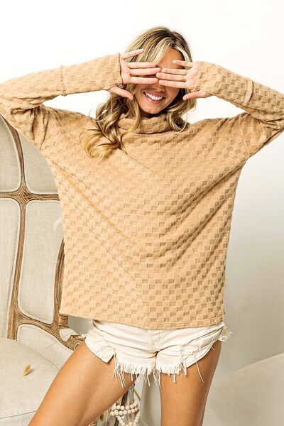 BiBi Checkered Round Neck Thumbhole Long Sleeve Top - Ladyez