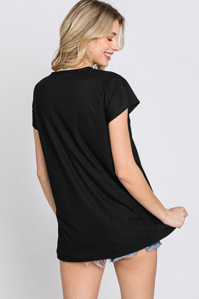 Heimish Full Size Front Button V-Neck Short Sleeve T-Shirt - Ladyez
