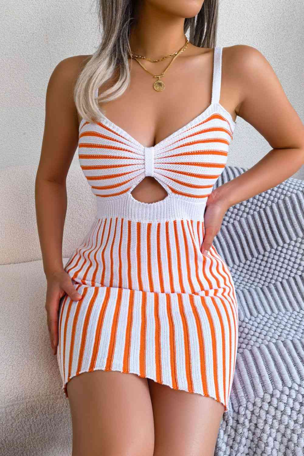 Striped Cutout Spaghetti Strap Knit Dress - Ladyez