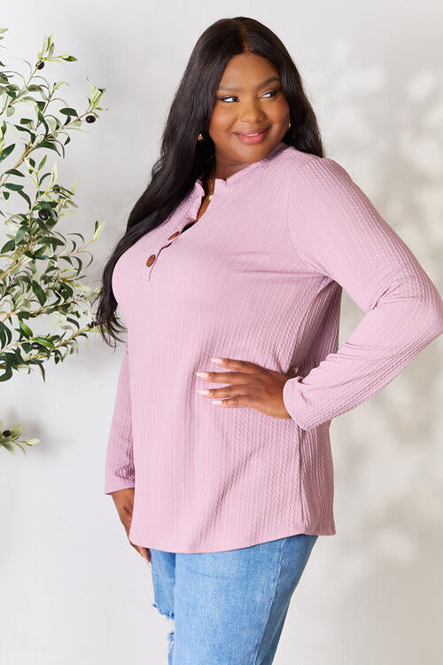 Celeste Full Size Texture Half Button Long Sleeve Blouse - Ladyez