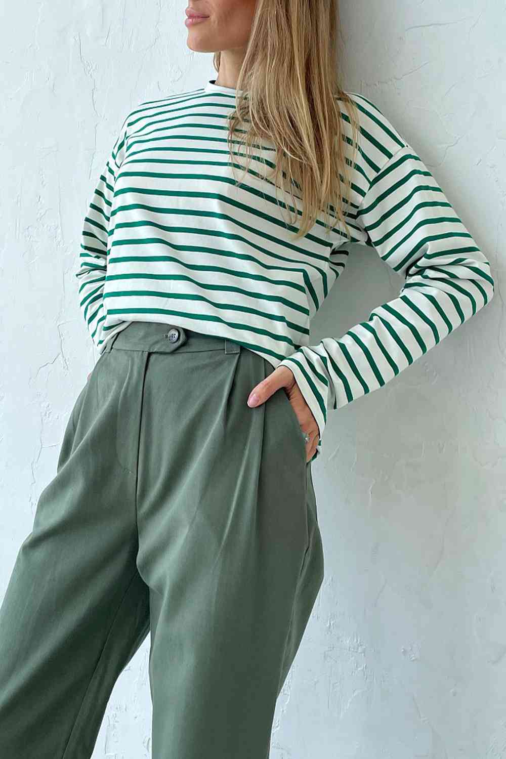 Round Neck Striped Dropped Shoulder T-Shirt - Ladyez