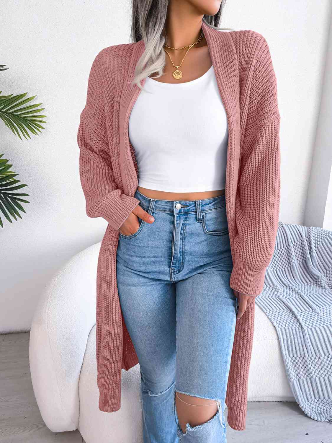 Open Front Dropped Shoulder Longline Cardigan - Ladyez