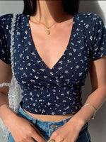 Floral Surplice Neck Short Sleeve Top - Ladyez