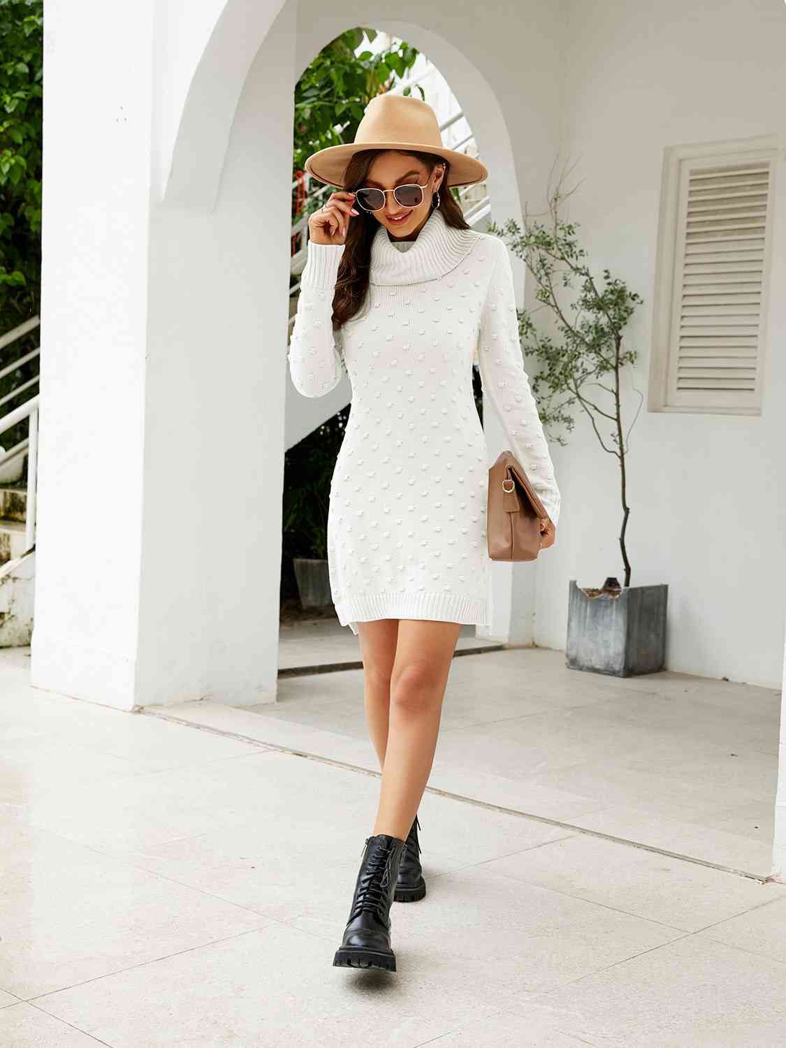 Turtleneck Long Sleeve Slit Sweater Dress - Ladyez