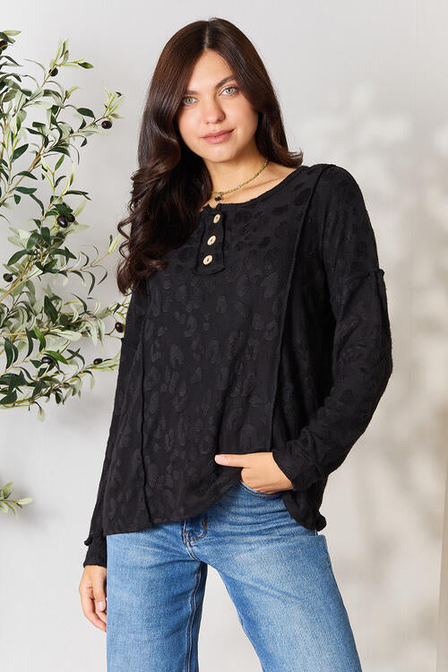 BOMBOM Textured Exposed Seam Buttoned Blouse - Ladyez