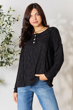BOMBOM Textured Exposed Seam Buttoned Blouse - Ladyez