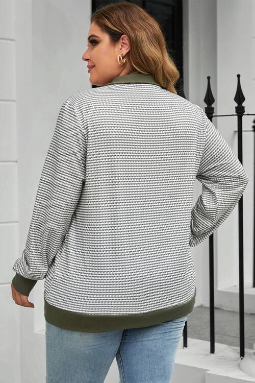 Plus Size Striped Half Snap Long Sleeve Blouse - Ladyez