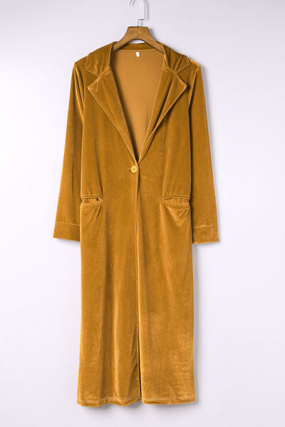 Collared Neck Longline Velvet Cardigan with Pockets - Ladyez