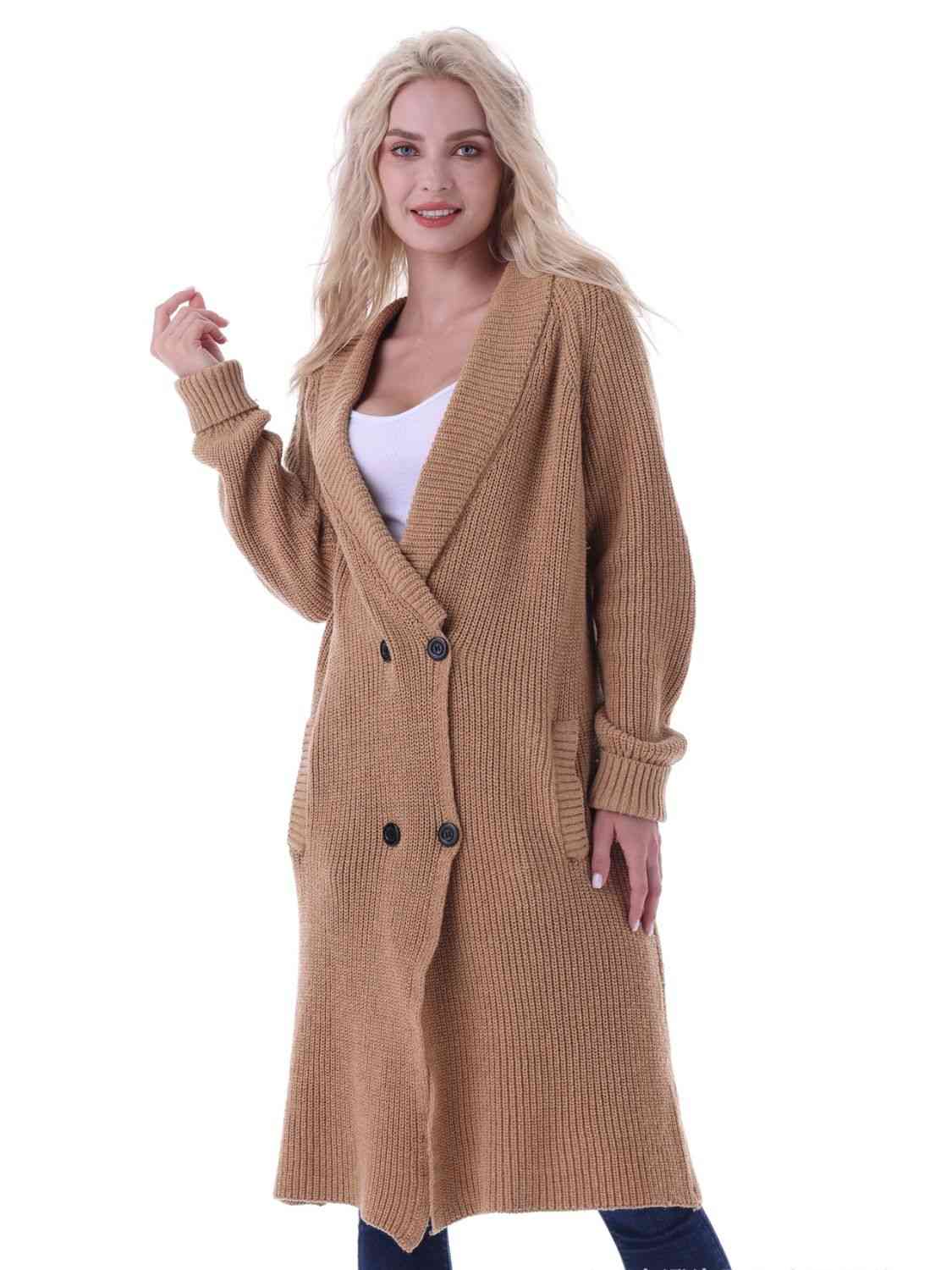 Double-Breasted Longline Cardigan with Pockets - Ladyez