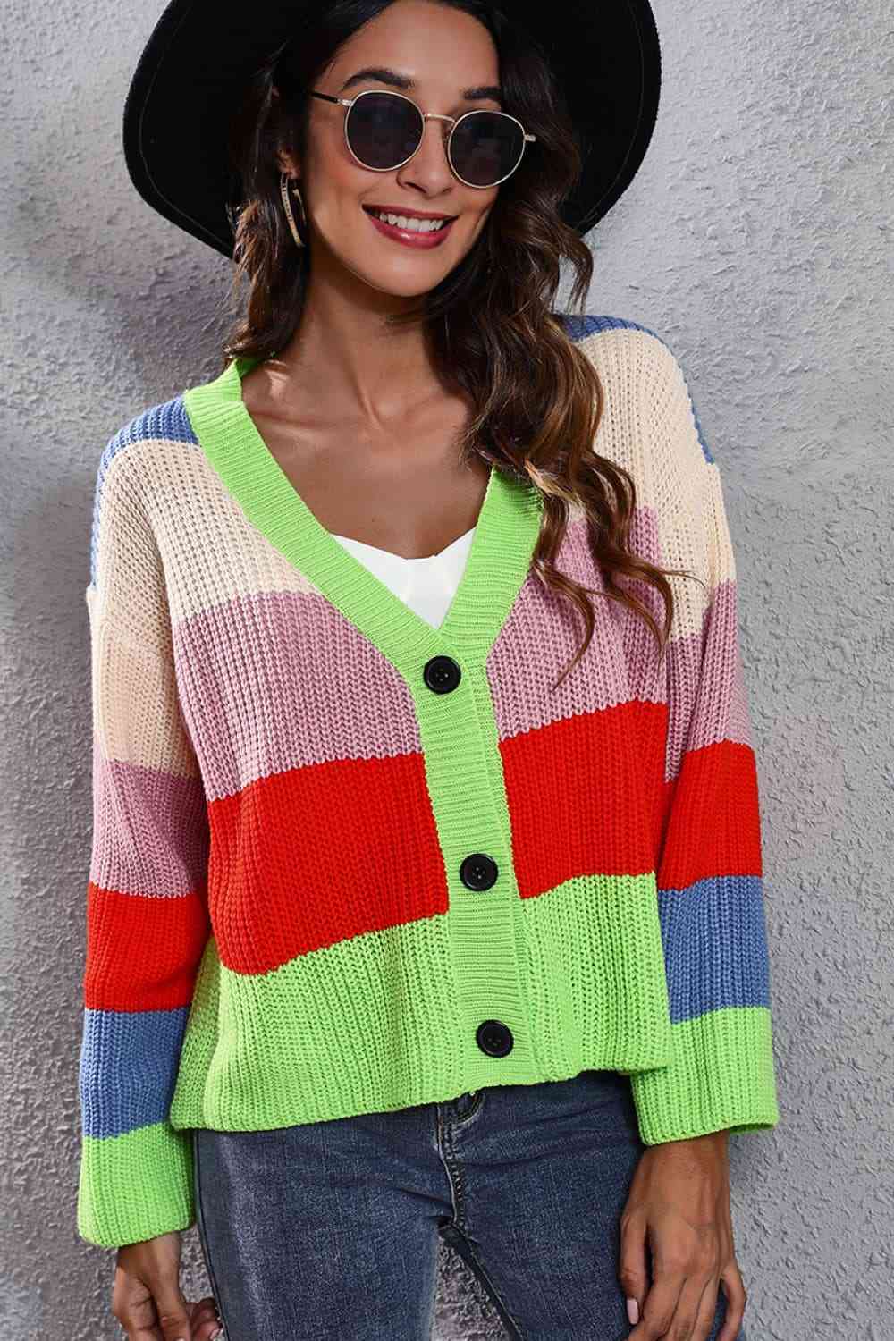 Color Block Button-Down Dropped Shoulder Cardigan - Ladyez