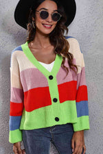 Color Block Button-Down Dropped Shoulder Cardigan - Ladyez
