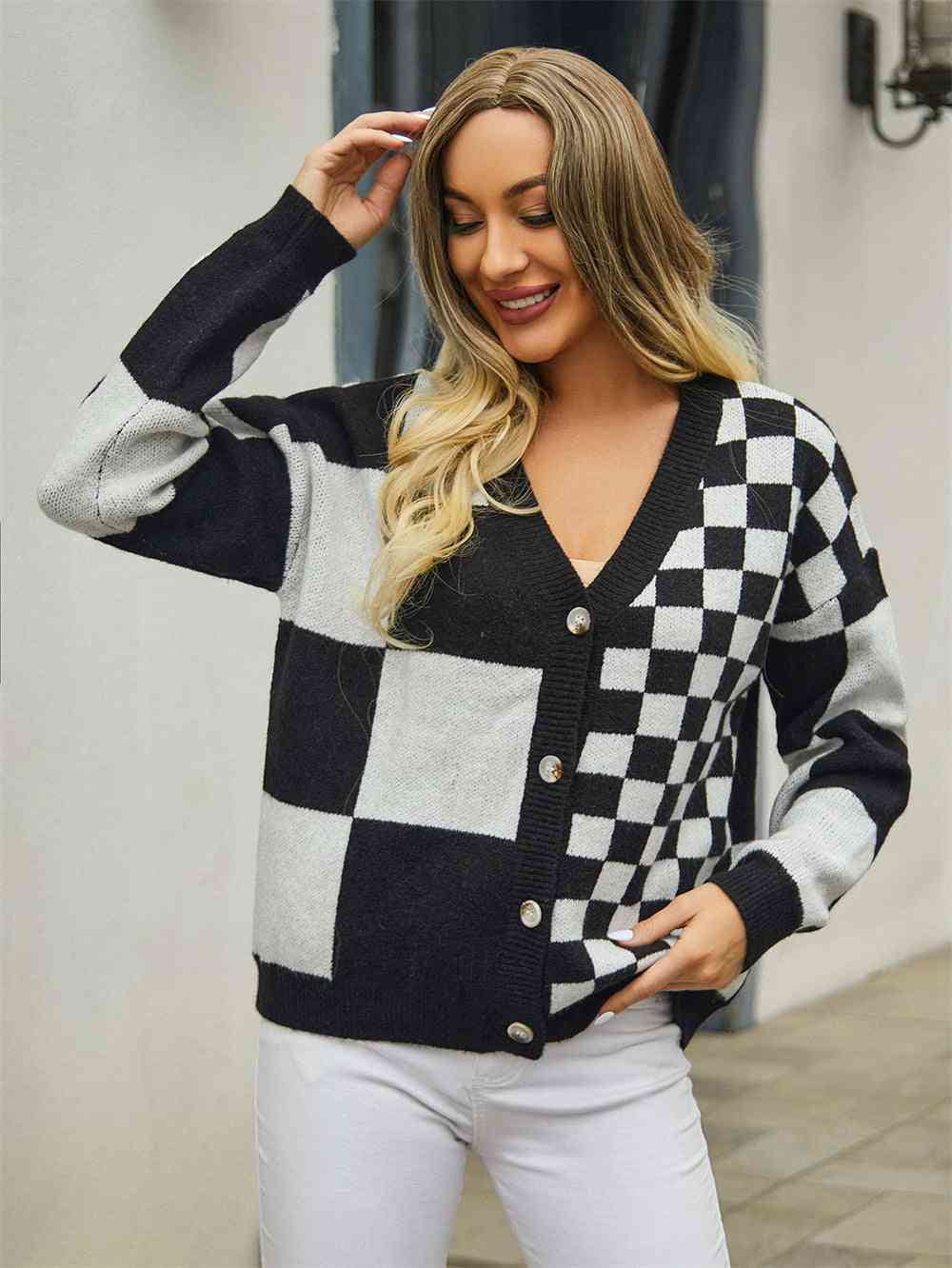 Plaid V-Neck Dropped Shoulder Cardigan - Ladyez