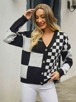 Plaid V-Neck Dropped Shoulder Cardigan - Ladyez