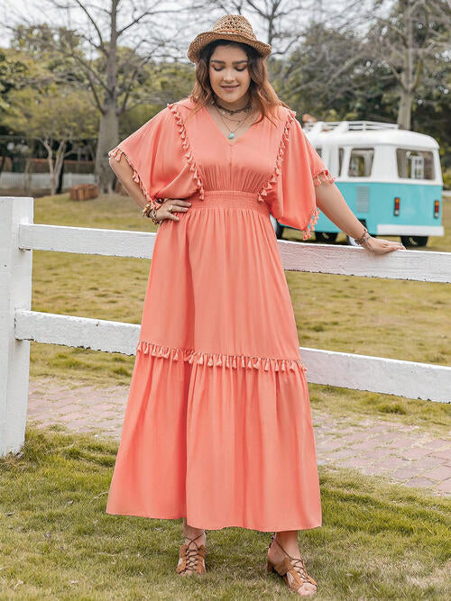 Plus Size Tassel Trim V-Neck Short Sleeve Ruffle Hem Dress - Ladyez