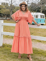 Plus Size Tassel Trim V-Neck Short Sleeve Ruffle Hem Dress - Ladyez