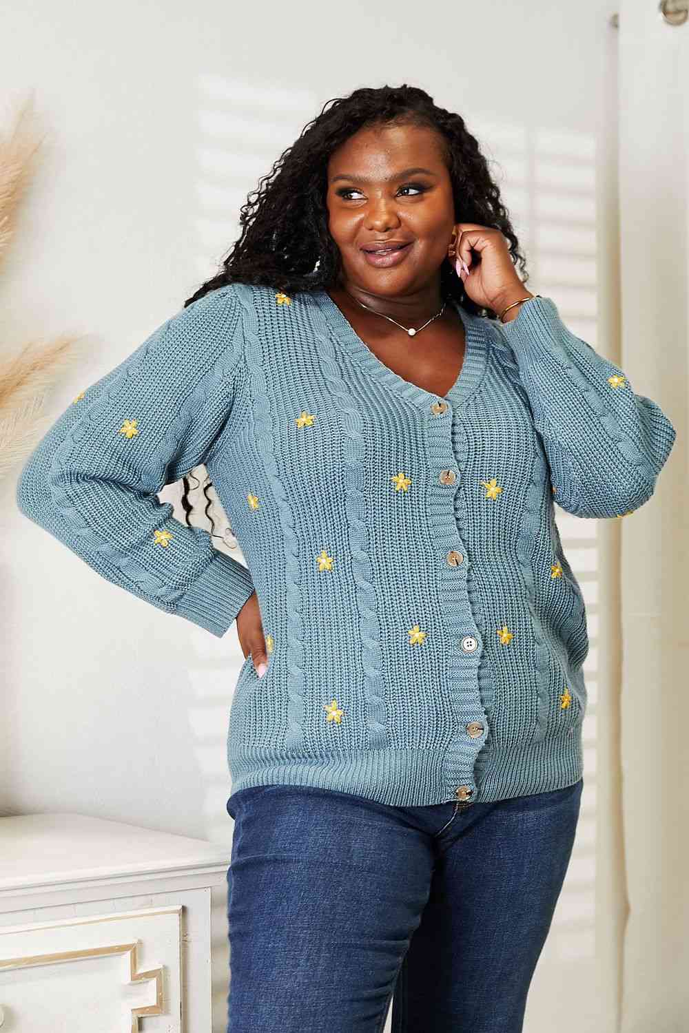 HEYSON Full Size Floral Embroidered Cable Cardigan - Ladyez