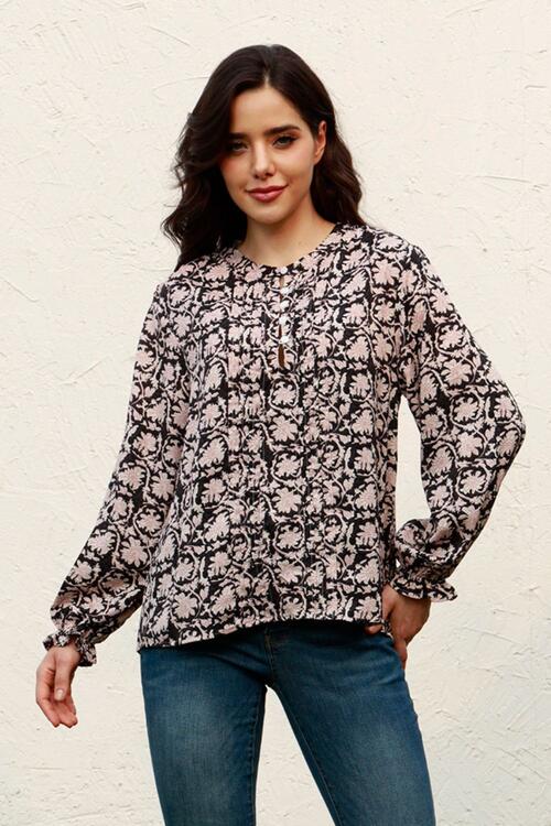 Floral Flounce Sleeve Round Neck Blouse - Ladyez
