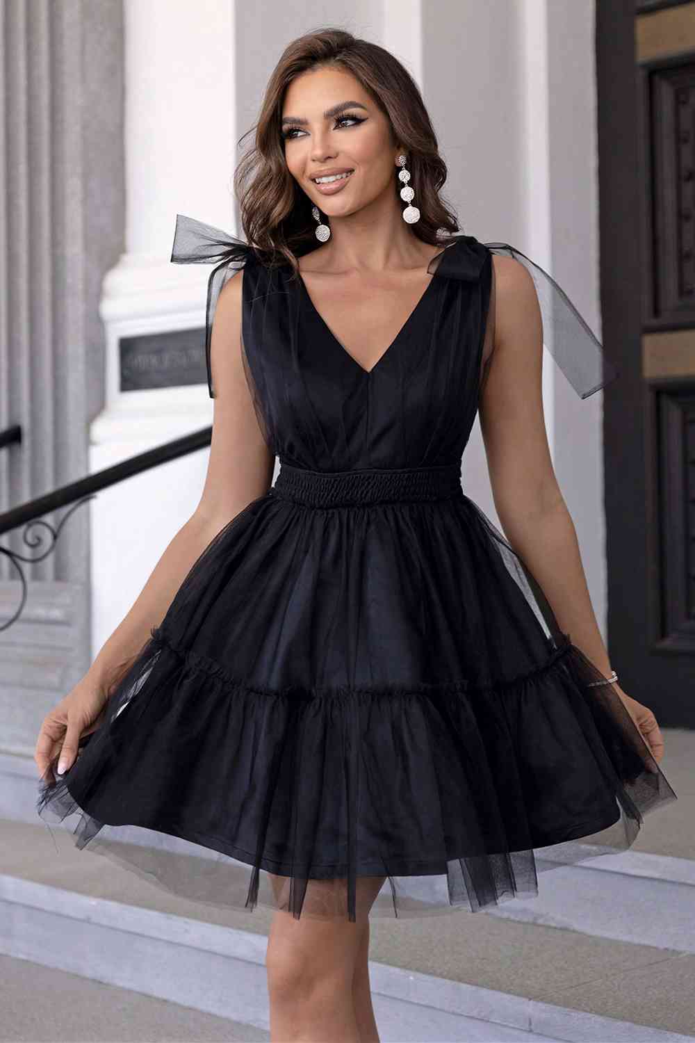 V-Neck Shoulder Detail Mesh Dress - Ladyez